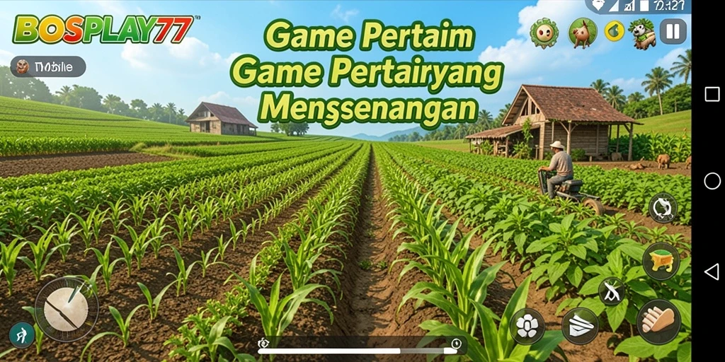 Screenshot gameplay BOSPLAY77 menampilkan lahan pertanian yang subur dan aktivitas bercocok tanam.