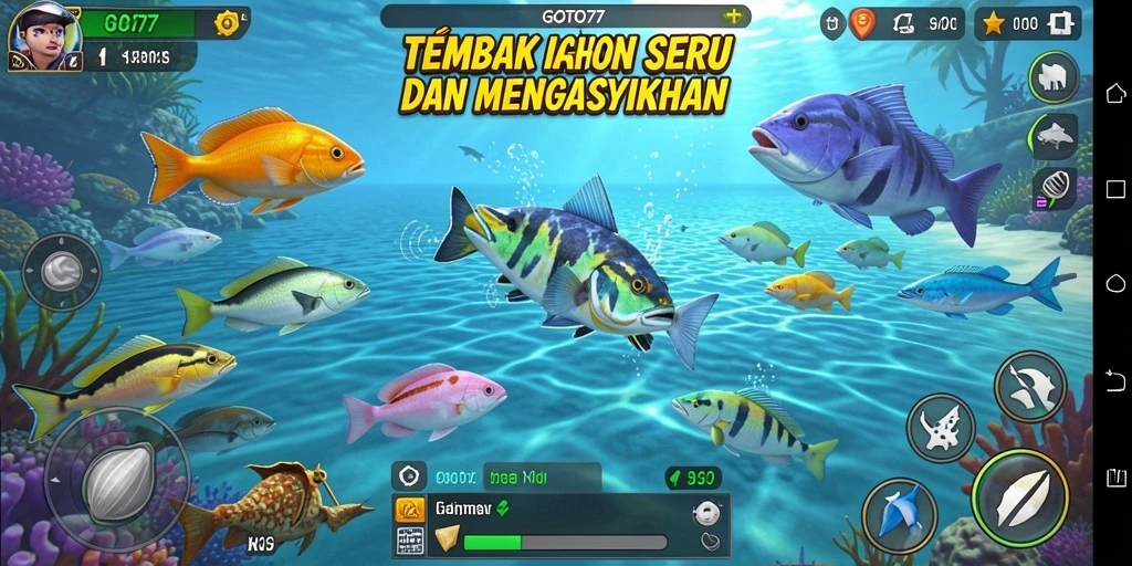 Screenshot gameplay GOTO77 yang menampilkan aksi menembak ikan.