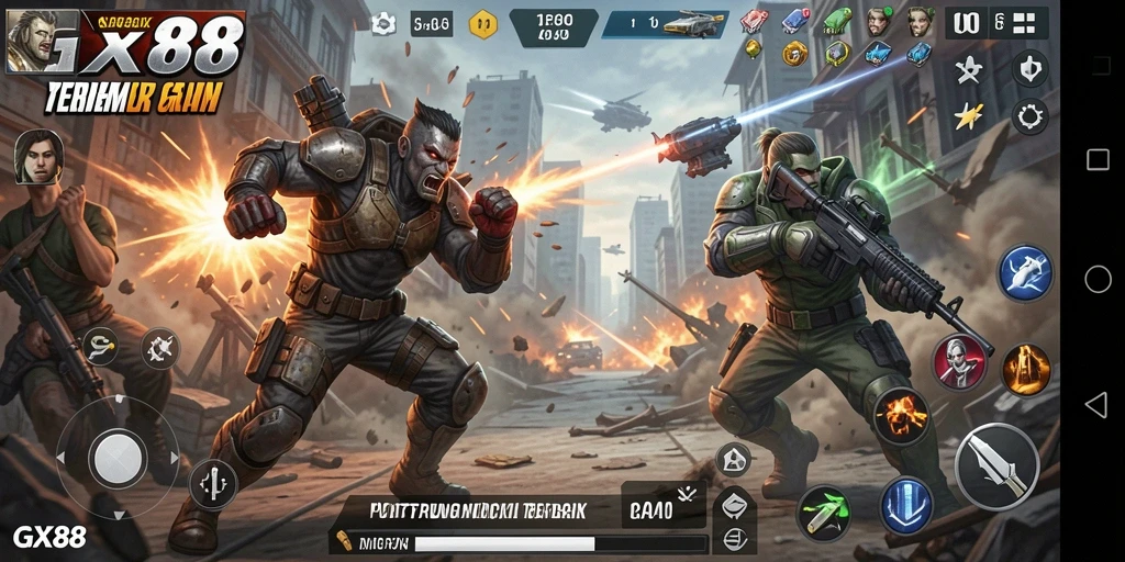 Tangkapan layar utama GX88 menunjukkan aksi pertempuran yang intens.