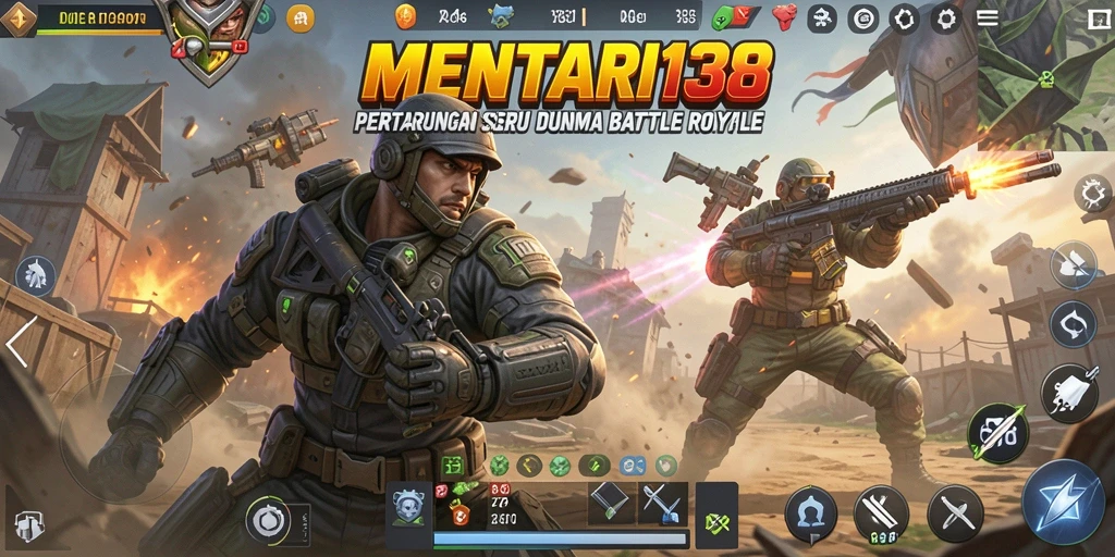 Tangkapan layar MENTARI138 menampilkan aksi intens Battle Royale di arena luas.