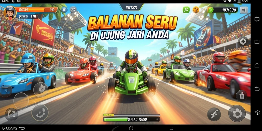 Screenshot MPO1221 menunjukkan aksi balapan seru dan mendebarkan.