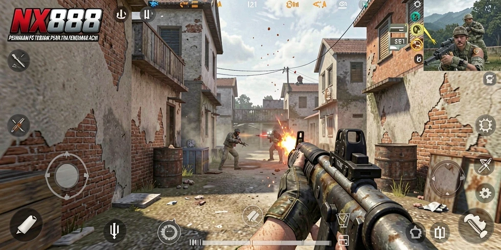 Screenshot utama NX888 menampilkan aksi gameplay FPS yang seru.