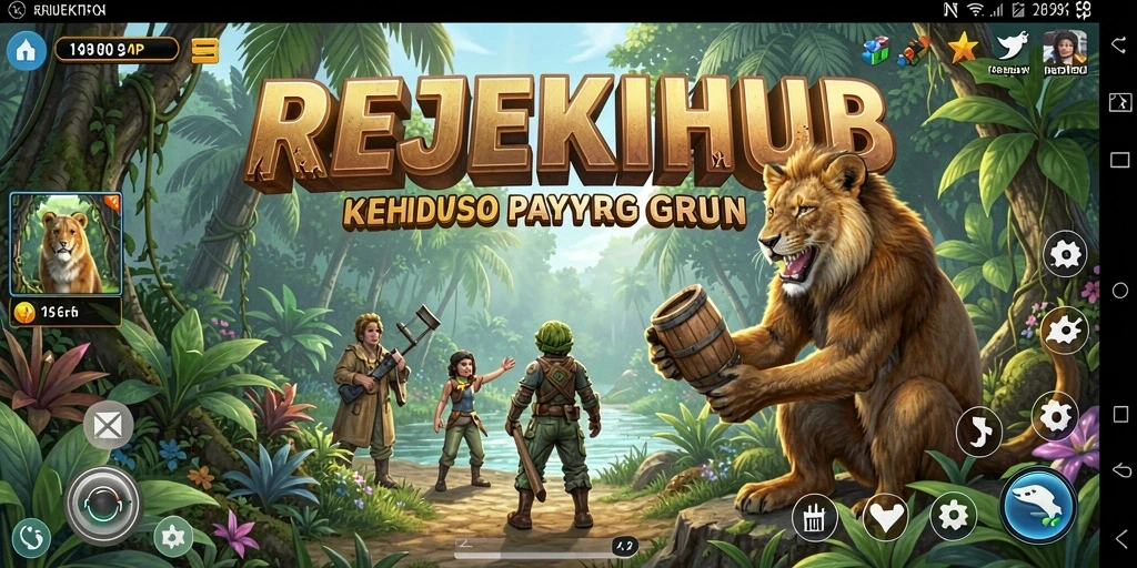 Tampilan gameplay REJEKIHUB dengan karakter yang berinteraksi di dunia simulasi.