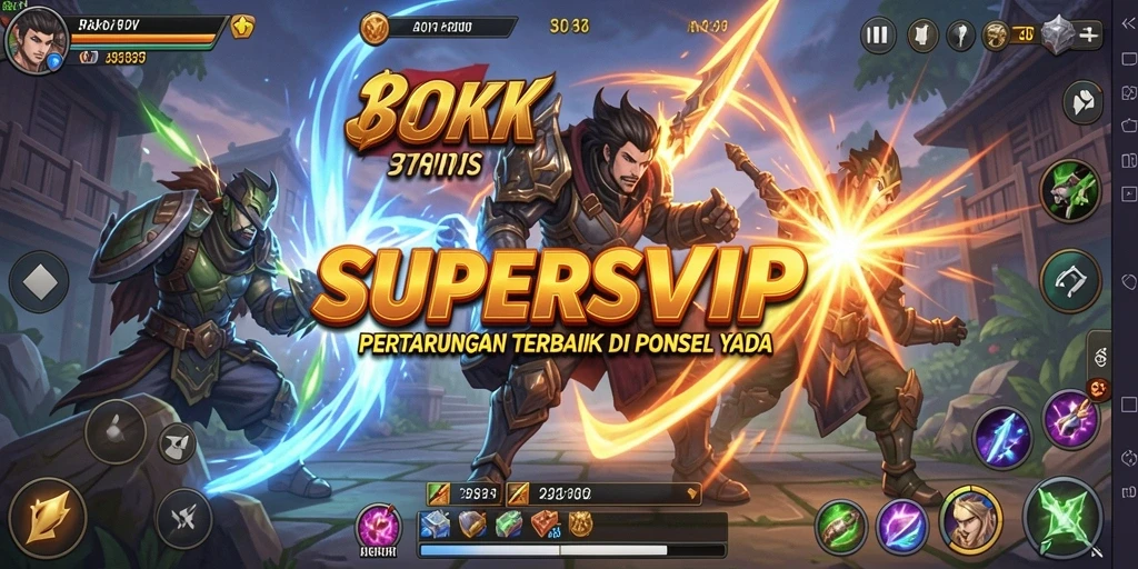 Screenshot utama SUPERSVIP menampilkan pertarungan mendebarkan antara karakter-karakter kuat.