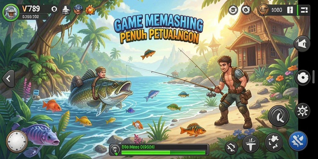 Screenshot gameplay VT789 menampilkan momen seru saat memancing ikan besar.