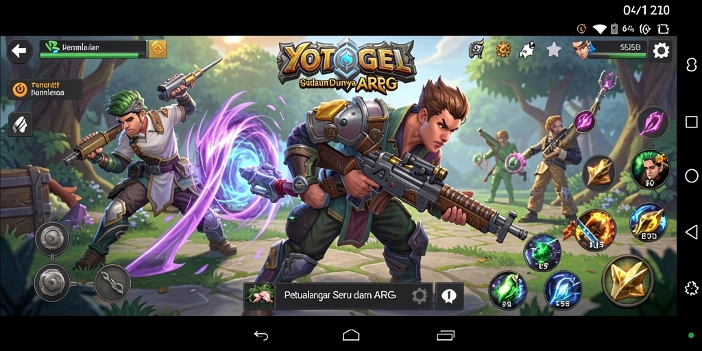 Tampilan gameplay YOTOGEL dengan pertarungan epik dan karakter yang berwarna.